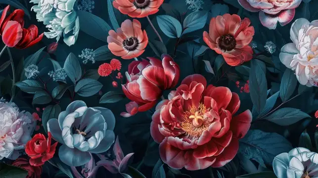 Иллюстрация с крупными красными и белыми цветами на тёмно-зелёных листьях