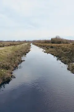 Речной пейзаж на открытом воздухе: спокойная вода, сельские берега с деревьями и кустарниками, облачное небо, слабые отражения и легкая рябь, пасмурный дневной свет, безмятежный деревенский пейзаж…