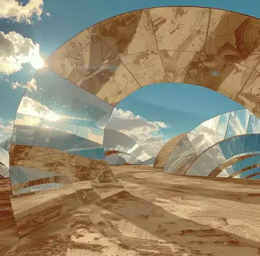 3D-рендер футуристических зеркальных арок в песчаной пустыне