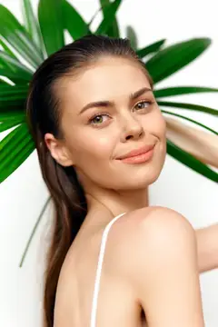 Молодая женщина с гладкой кожей улыбается на фоне пальмовых листьев