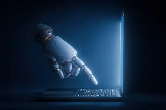 3D-рендер роботизированной руки над светящимся ноутбуком