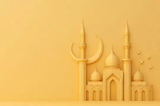 3D-рендер мечети с полумесяцем и звёздами в песочно-жёлтых тонах