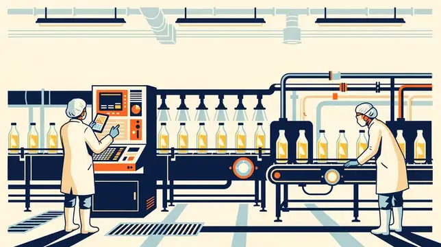 Яркая сцена в стиле трафаретной печати, изображающая защищенных рабочих, проверяющих гигиеническую линию розлива цитрусового сока, со свободным пространством вверху для использования в промышленных…