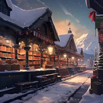 Деревня, заснеженная улица, зимний фон, рождественская елка, праздник, горы, сельский пейзаж, лунная ночь, снегопад, ель, коттедж, дом
