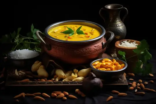 Ароматный индийский карри с рисом и специями на тёмном столе