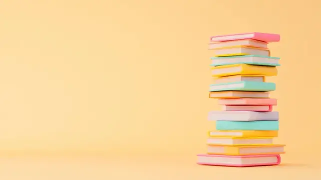 Высокая стопка разноцветных книг на жёлтом фоне