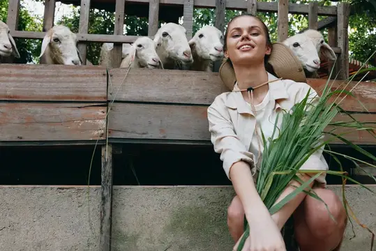 Улыбающаяся девушка с травой на фоне овец за деревянной изгородью