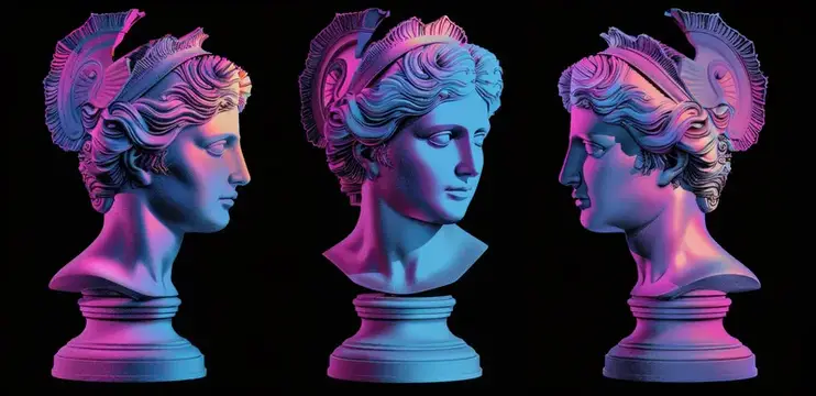 3D-рендер трёх античных бюстов в неоновом синем и розовом свете