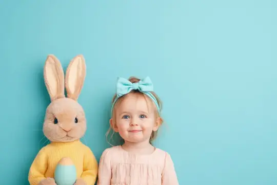 Улыбчивая девочка с бантом и плюшевый заяц на голубом фоне