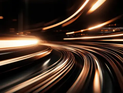 Длинная выдержка создает плавные изгибы и лучистое свечение, формируя городскую атмосферу с футуристическим настроением, тайной и кинетическим ритмом по всему кадру