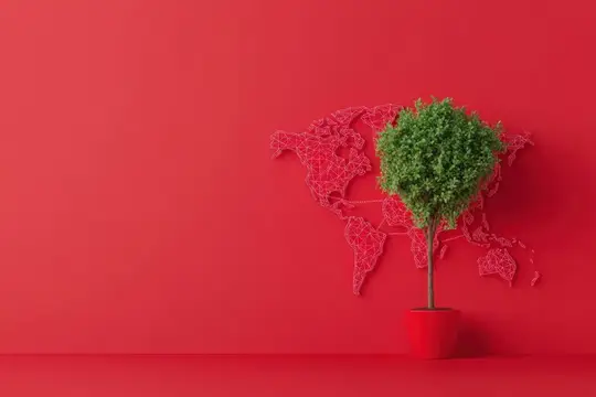 3D-рендер с зелёным деревом в горшке на фоне красной карты мира