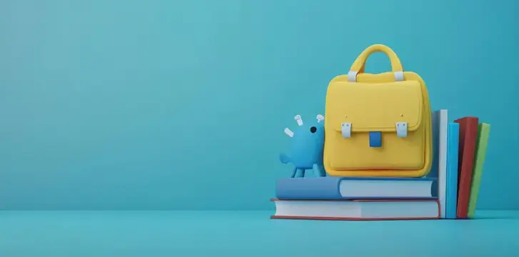 3D-рендер с желтым рюкзаком и книгами на синем фоне