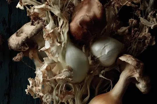 Контекст и настроение подчеркивают состарившиеся продукты, выветренную бумажистую кожуру, скромную кладовую сцену, созерцательную атмосферу, вневременную простоту, минималистичную эстетику…