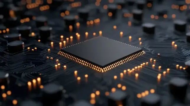 3D-рендер микросхемы на плате с золотистой подсветкой