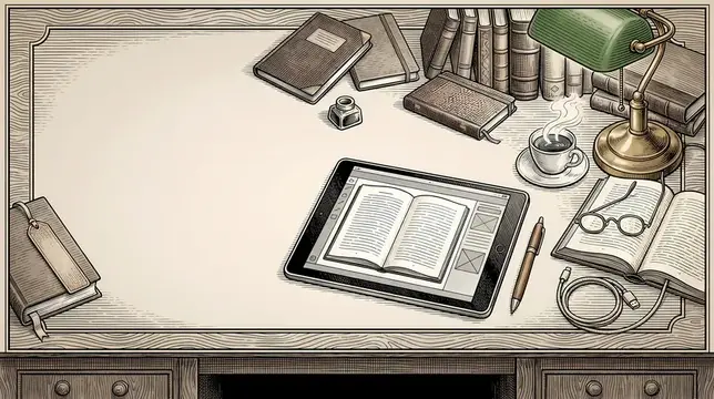 Иллюстрация рабочего стола с книгами, планшетом и чашкой кофе