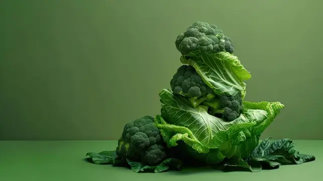 Башня из брокколи и капустных листьев на зелёном фоне