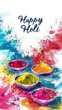 Иллюстрация с разноцветными красками холи и надписью Happy Holi
