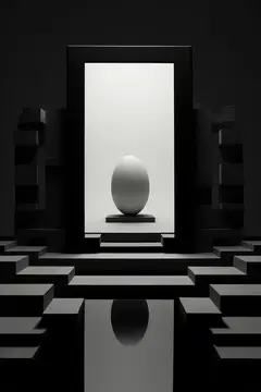 3D-рендер с белым яйцом в чёрной геометрической рамке