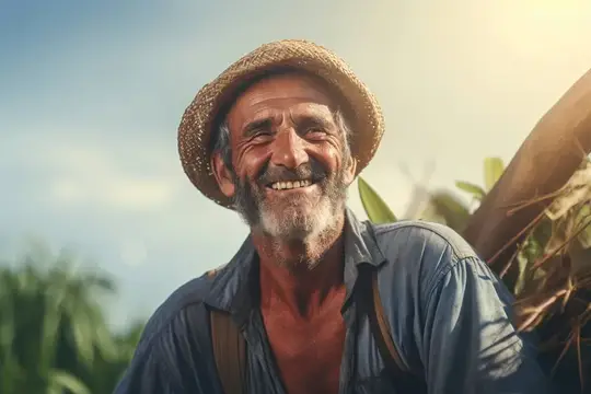 Улыбающийся пожилой фермер в соломенной шляпе на фоне тропических растений