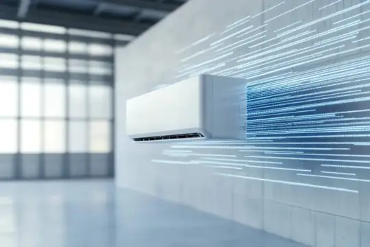 3D-рендер кондиционера с потоками холодного воздуха в светлом помещении