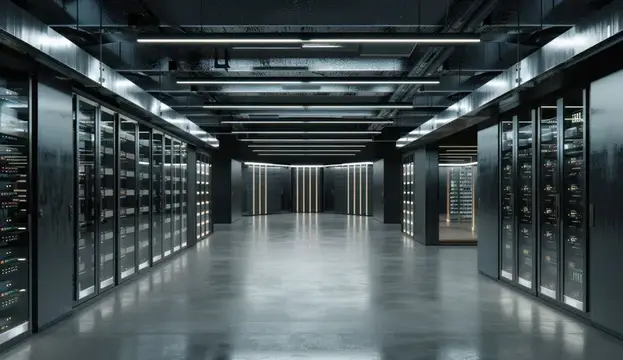 3D-рендер тёмного серверного коридора с рядами стоек