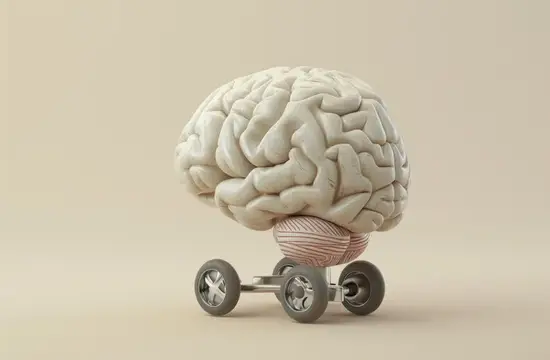 3D-рендер мозга на колесиках на бежевом фоне