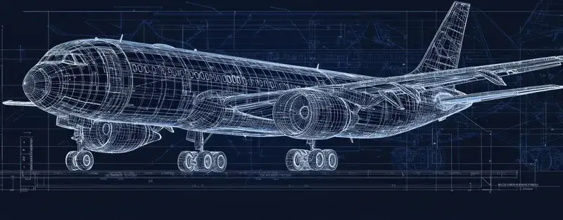 3D-рендер пассажирского самолёта в виде синего чертежа