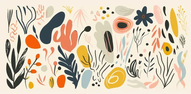 Абстрактный рисунок с цветами, листьями и ягодами