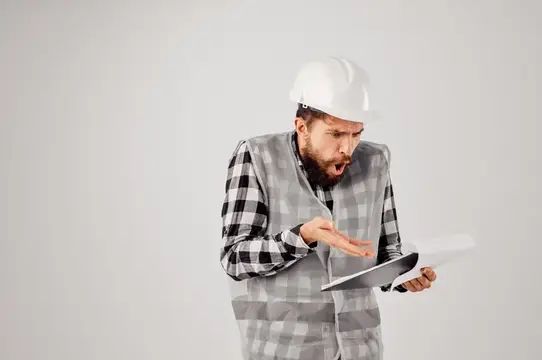 Мужчина-строитель с документами и чертежами на изолированном фоне