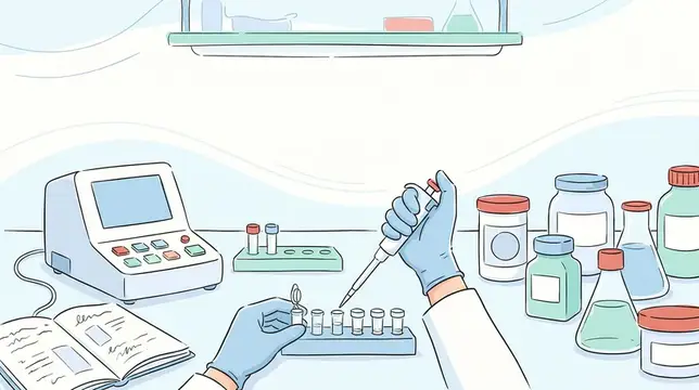 На лабораторном столе, выполненном в технике от руки, изображены пипетка, пробирки с образцами и исследовательские инструменты