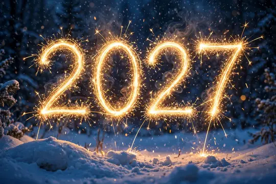 Цифры 2027 из искр бенгальских огней в заснеженном зимнем лесу
