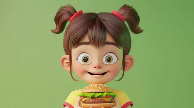 3D-иллюстрация девочки с двумя хвостиками и бургером