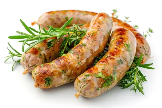 Жареные колбаски с веточками розмарина на белом фоне
