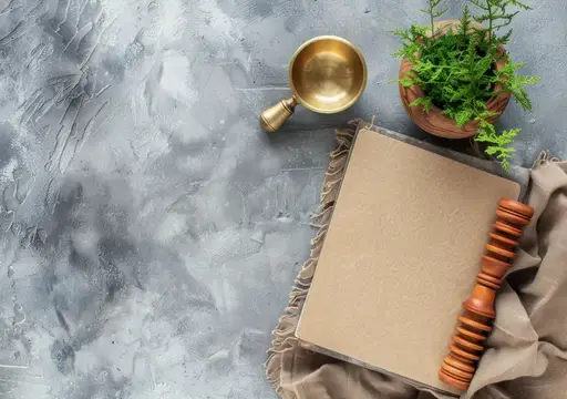 Безмятежная композиция с фактурным фоном, документным штампом, деревянной чашей с зеленью и медной чашкой, вызывающая ощущение простоты и естественности