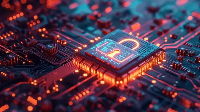 3D-рендер светящегося чипа с замком на плате