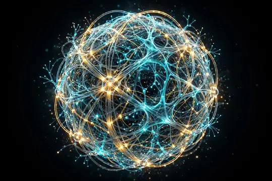 3D-рендер светящейся сферы из золотых и голубых нитей