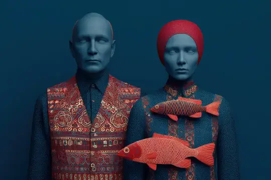 Минималистичная студийная сцена передает тайну и спокойствие, сочетая авангардный наряд с смелыми текстурами, чтобы вызвать мечтательную неподвижность и визуальную гармонию
