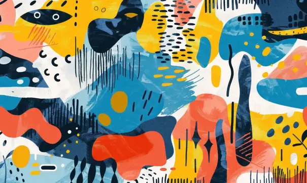 Абстрактная иллюстрация с синими, желтыми и коралловыми пятнами и штрихами