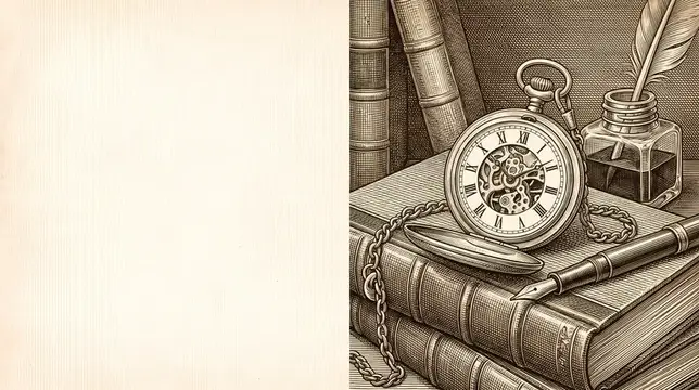 Гравюра с карманными часами, перьевой ручкой и книгами