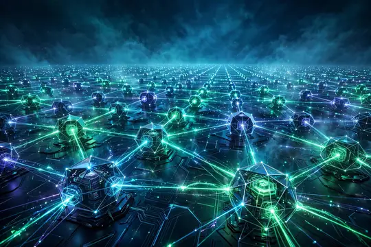 3D-рендер футуристической сети из светящихся узлов и линий