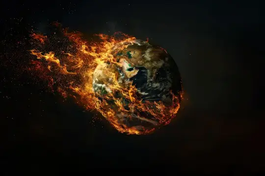 Визуально поразительное изображение Земли, объятой пламенем, на темном драматическом фоне, символизирующее экологические проблемы