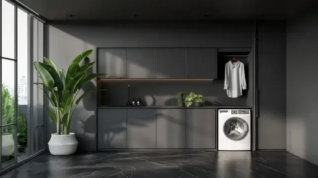 3D-рендер современной прачечной с тёмными шкафами и стиральной машиной
