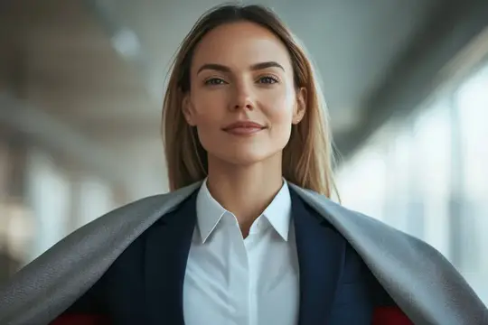 Уверенная улыбающаяся женщина в деловом костюме в светлом офисе