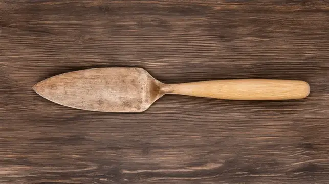 Старинная металлическая лопатка с деревянной ручкой на тёмном дереве