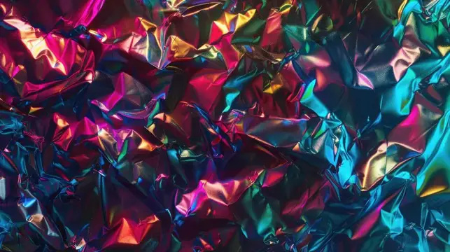 Блестящий фон из мятой металлической фольги, демонстрирующий множество красочных отражений в оттенках розового, синего и зеленого