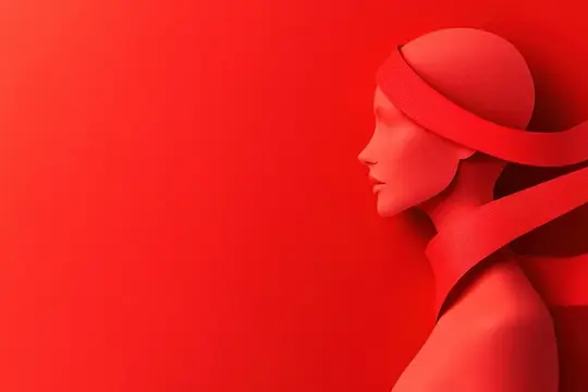 3D-рендер профиля женщины в красных лентах на алом фоне