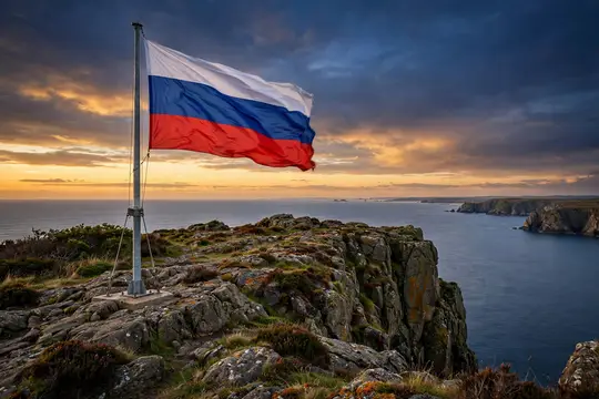 Российский флаг развевается на скалистом берегу над морем на закате