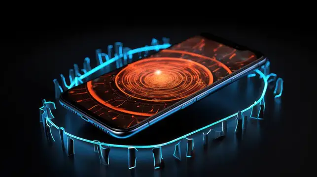 3D-рендер смартфона с огненным интерфейсом в неоновом кольце
