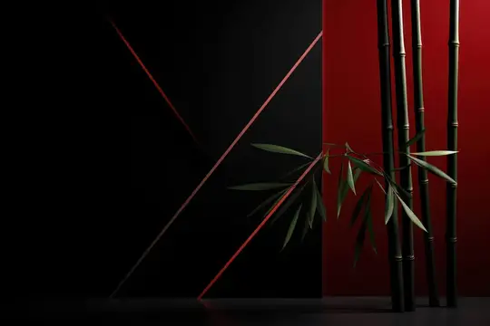3D-рендер с бамбуком и красными линиями на чёрно-красном фоне