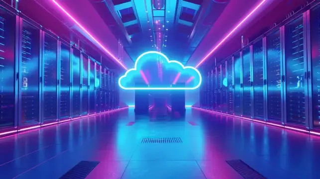 Высокотехнологичная среда центра обработки данных с подсвеченным неоновым символом облака в окружении современных серверов в ярком синем и розовом освещении, передающая инновации и технологии